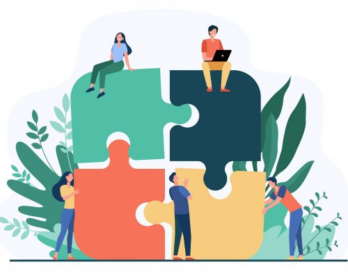 Business team putting together jigsaw puzzle isolated flat vector illustration. Cartoon partners working in connection. Teamwork, partnership and cooperation concept